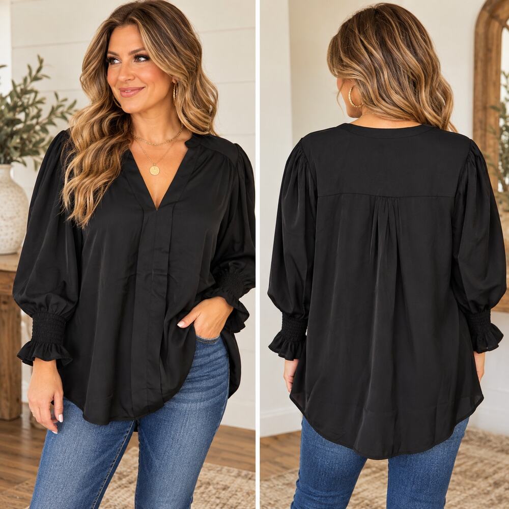 Women's Black Blouse 2XL Puff Sleeve V Neck Smocked Cuffs Flowy Boho Top